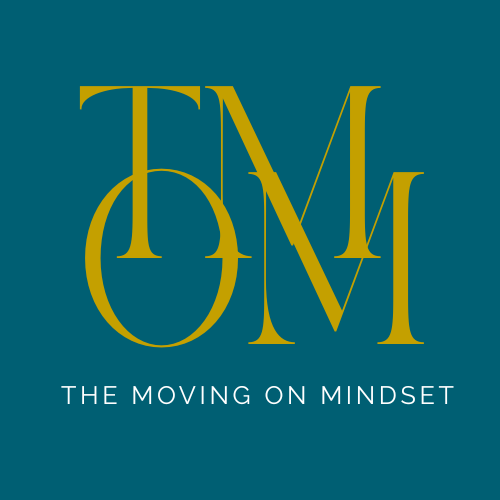 A teal background with gold letters in the centre spelling TMOM. Underneath, The Moving On Mindset is written in white font.
